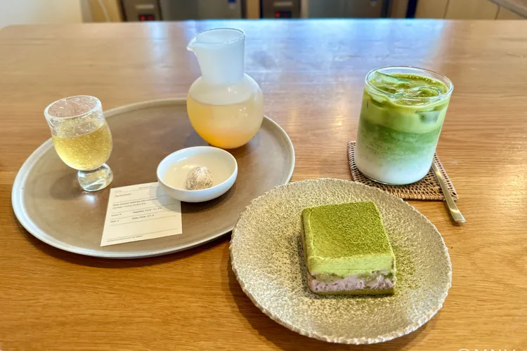 Delphic — matcha latte, matcha tiramisu and tea service